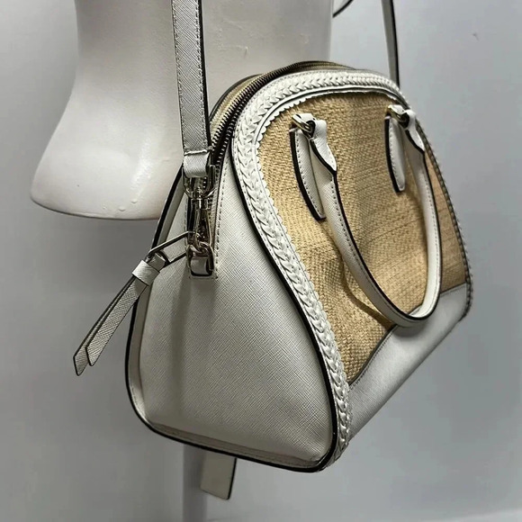 Kate Spade Reiley Dome Satchel Purse Handbag Straw Wicker Leather Trim White - Picture 7 of 14
